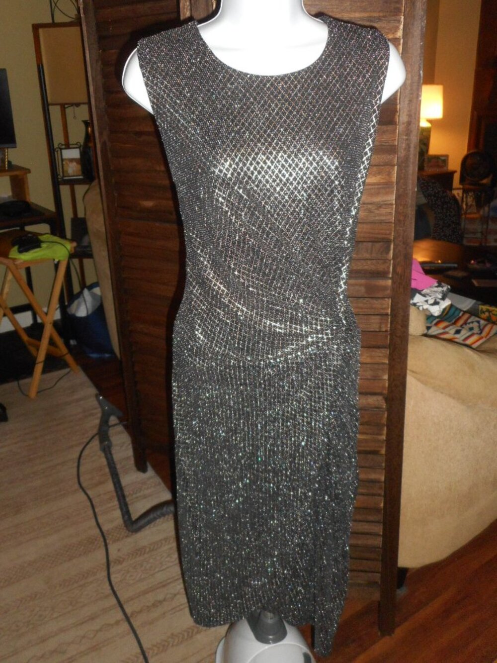 NWOT Tahari silver, gold, black, metallic diamond dress, size Medium